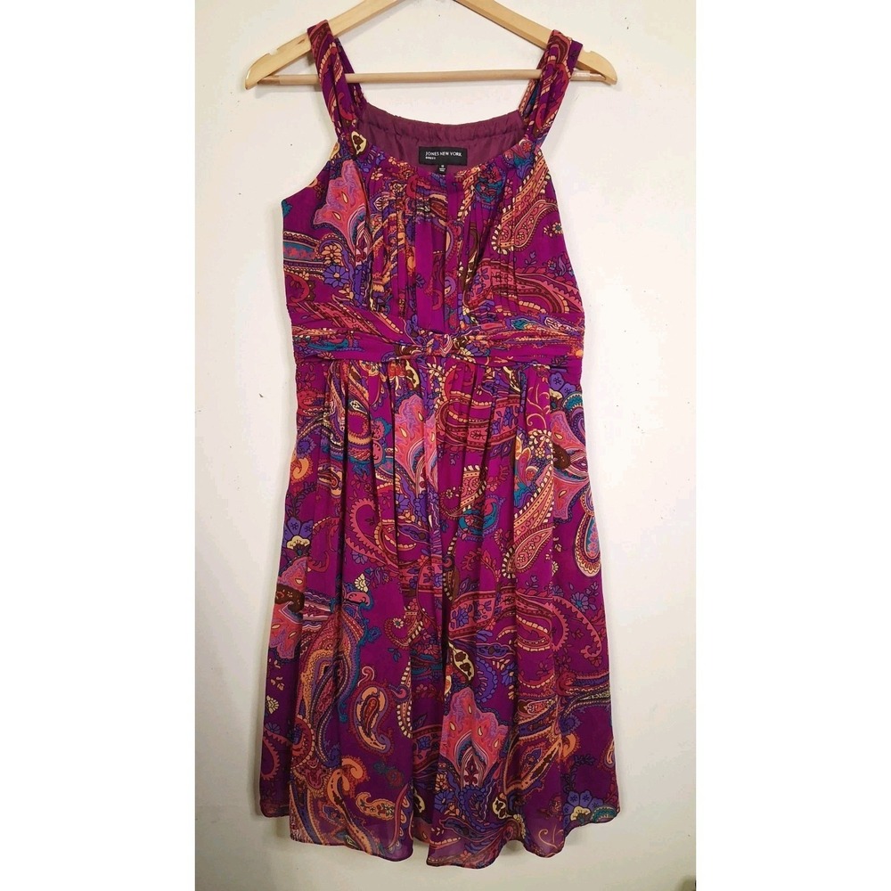 Jones New York Paisley Midi Dress Colorful Pleated Purple Sz 10